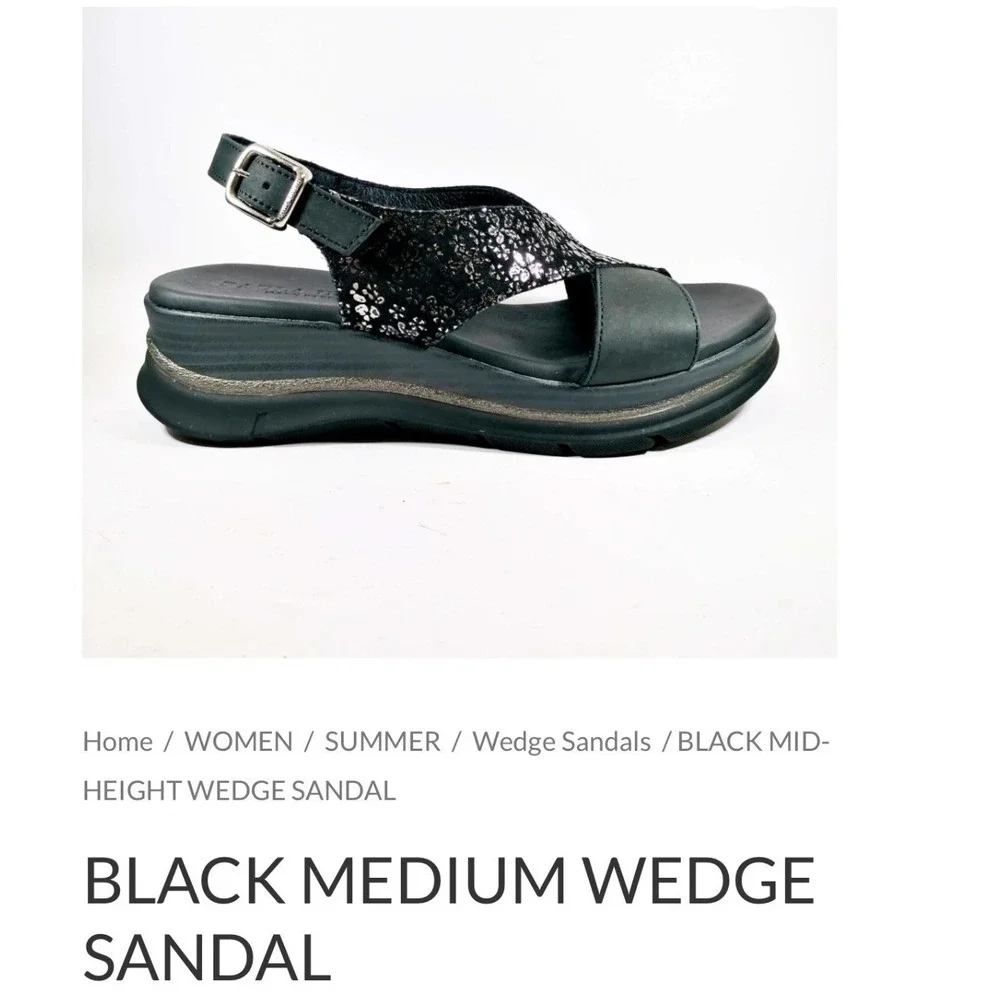 Paula Urban Black Leather Metallic Floral Wedge Sandals Womens 39 Spain‎